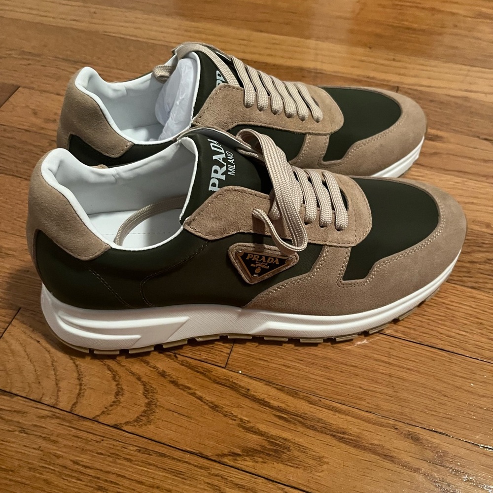 Prada Men's Beige and Green Suede and Nylon Running Shoes